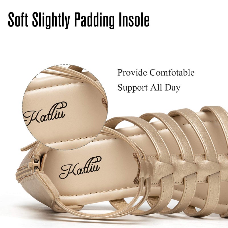 katliu Women's Gladiator Sandal Strappy Flat Sandals Two Ankle Buckle Gold 9 - Image 4